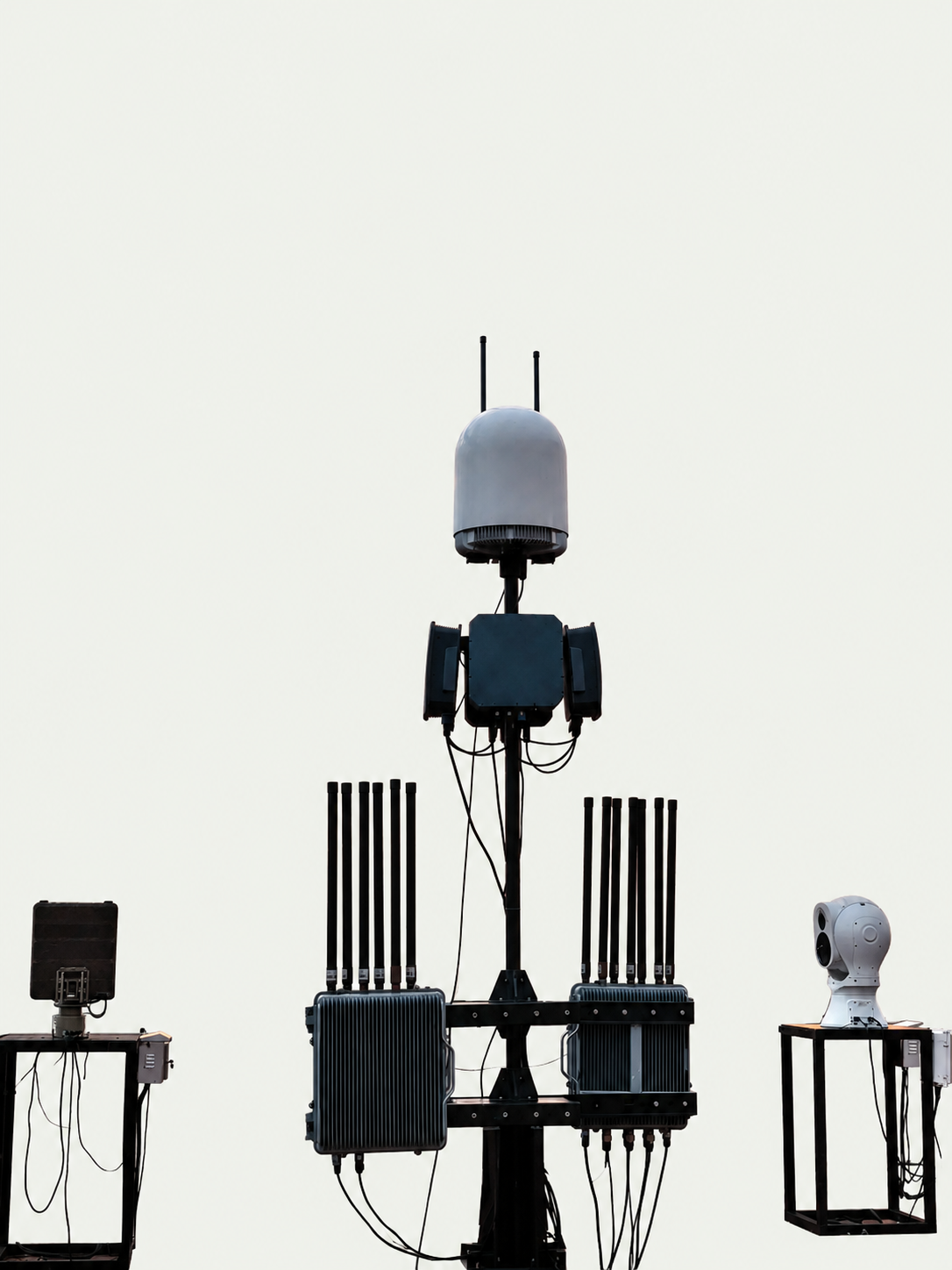 Fixed installation with RF mast, jamming units and an EO/IR head on a rooftop